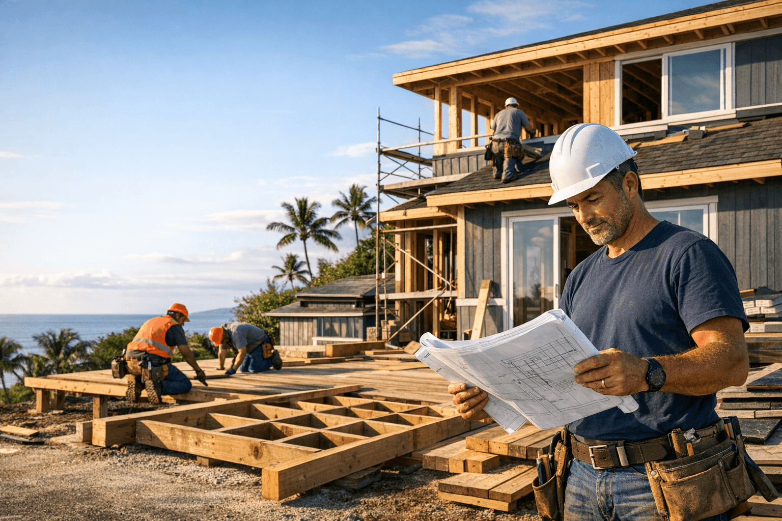 Construction crew working on a Hawaii home renovation site