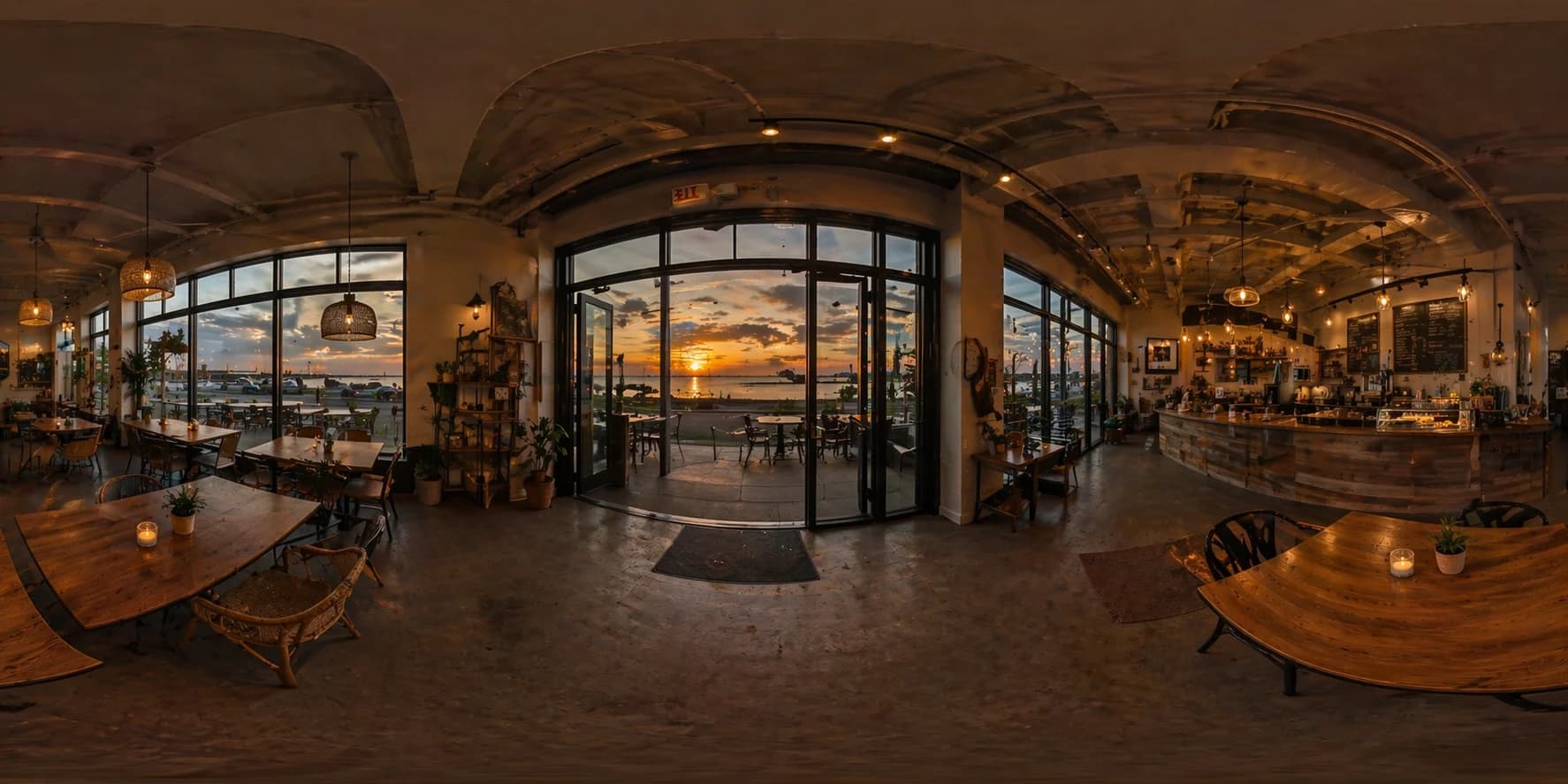 wide panorama view of the cafe interior at sunset