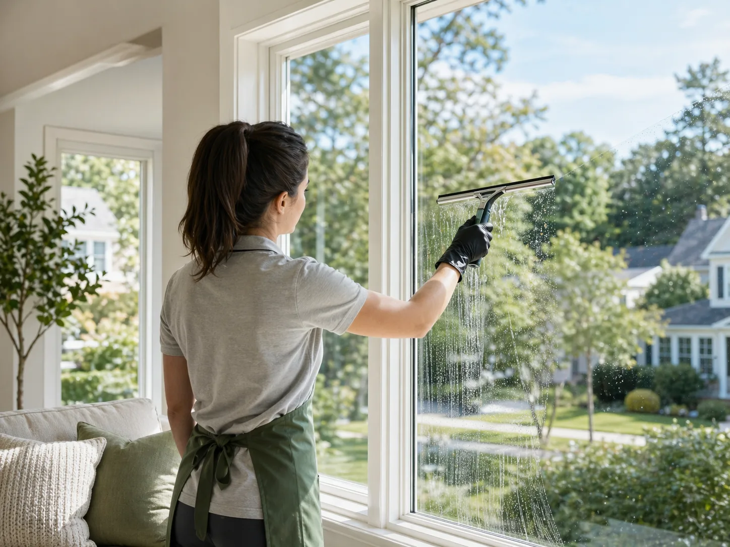Professional cleaner using a squeegee on a residential window